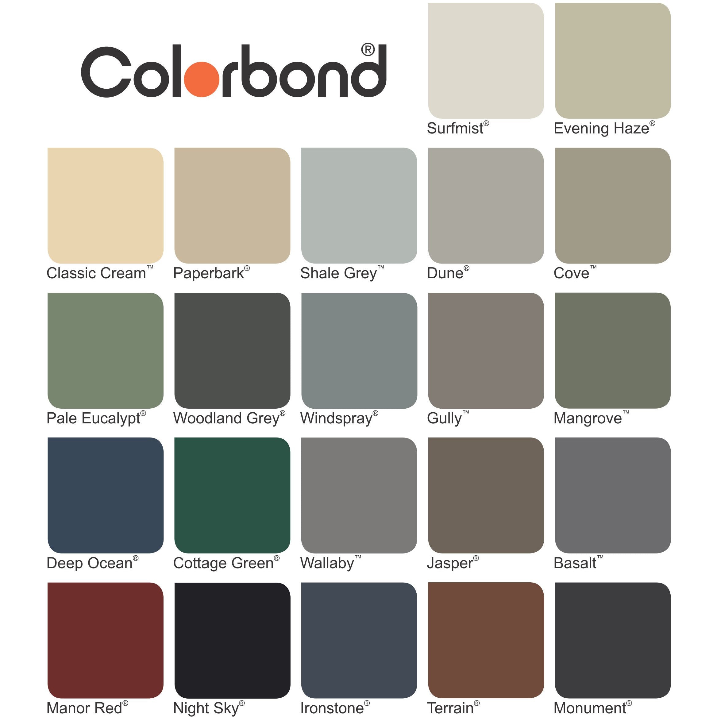 A colour palette chart titled "Colorbond" featuring 22 labelled square swatches in various earthy and industrial tones