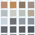 A colour swatch chart featuring 24 rectangular samples of textured architectural finishes