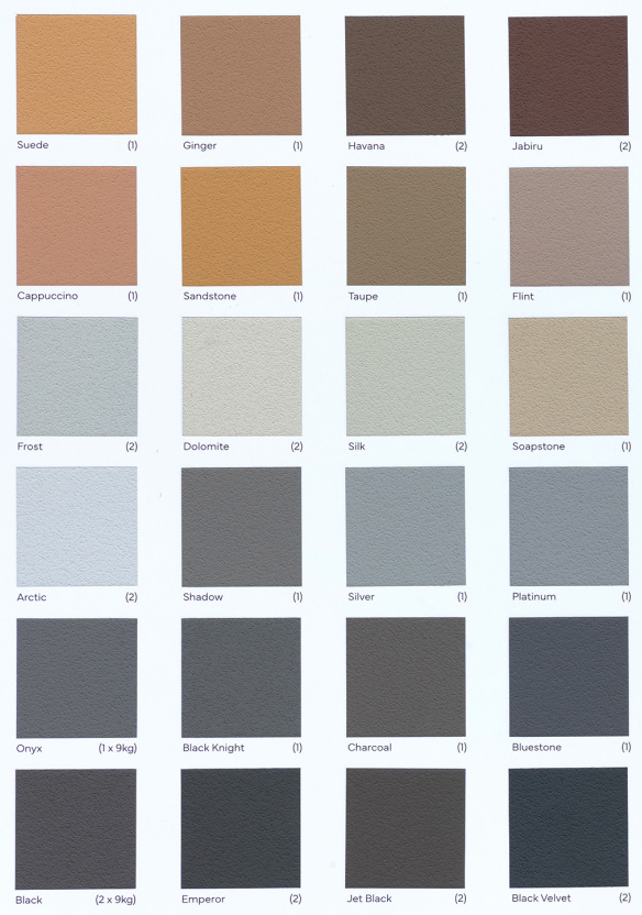 A colour swatch chart featuring 24 rectangular samples of textured architectural finishes