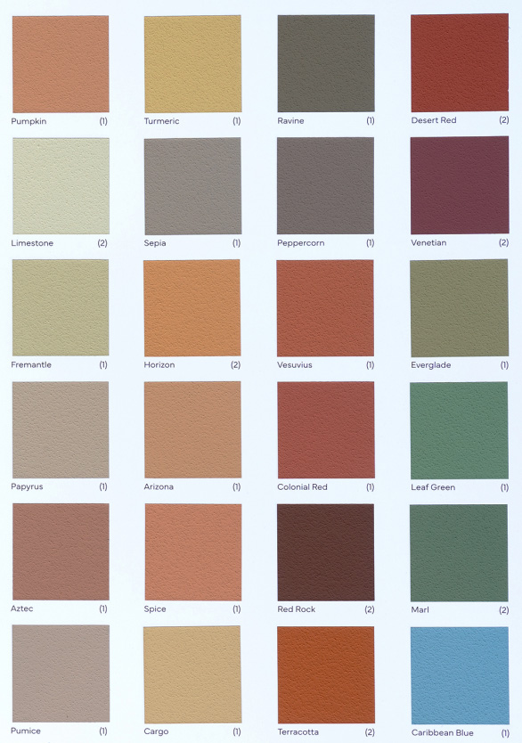 A colour palette chart displaying twenty-four square swatches of textured architectural finishes in various earthy tones